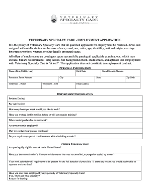 Hebron Animal Hospital Job Application Veterinary Specialty Care  Form