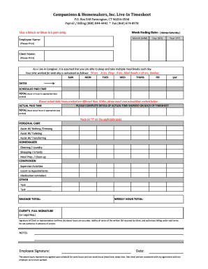 Companions &amp; Homemakers, Inc Live in Timesheet  Form