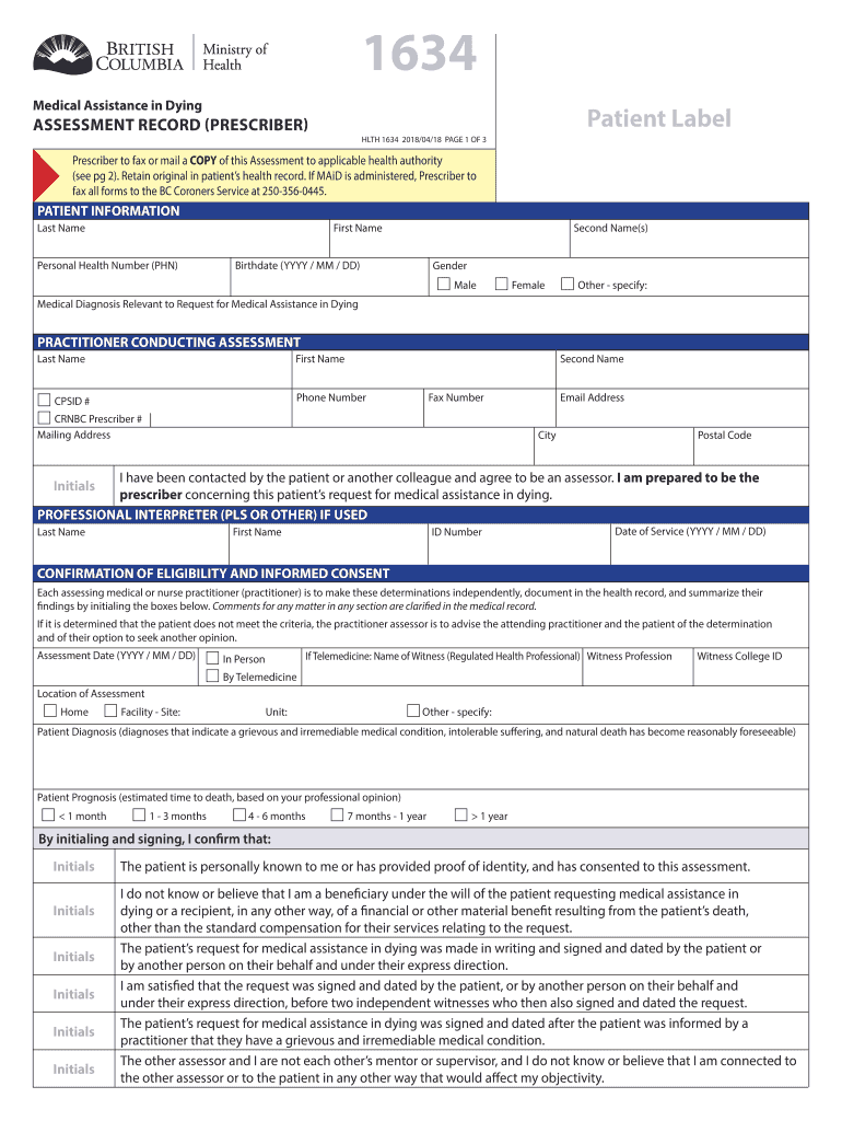  Medical Assistance in Dying Assessment Record Prescriber Medical Assistance in Dying Assessment Record Prescriber 2018