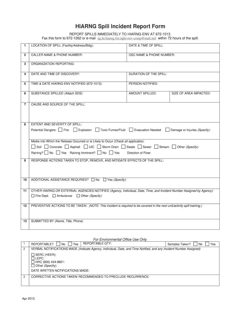 HIARNG Spill Incident Report Form Dod Hawaii Gov