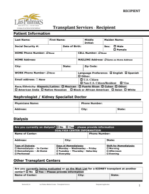 Las Palmas Medical Center Transplant Recipient Application Las Palmas Medical Center Transplant Recipient Application  Form