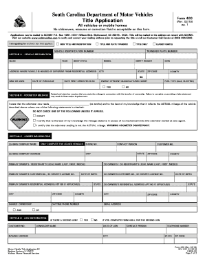 MV 1 SC Application and Registration for Title Motor Vehicle SC  Form