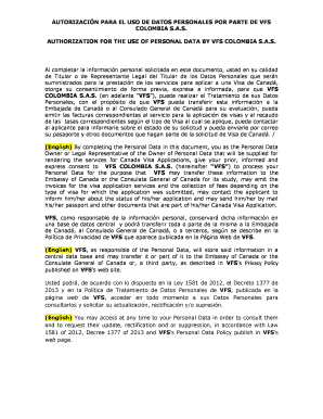 AUTORIZACIN PARA EL USO DE DATOS PERSONALES POR PARTE DE VFS  Form