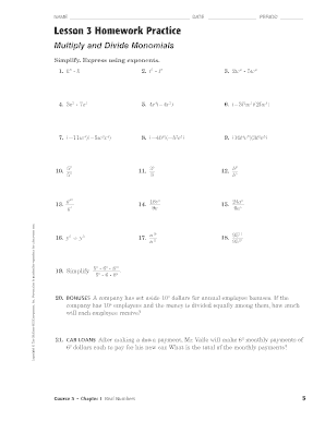 Lesson 3 Extra Practice Multiply and Divide Monomials Answer Key  Form