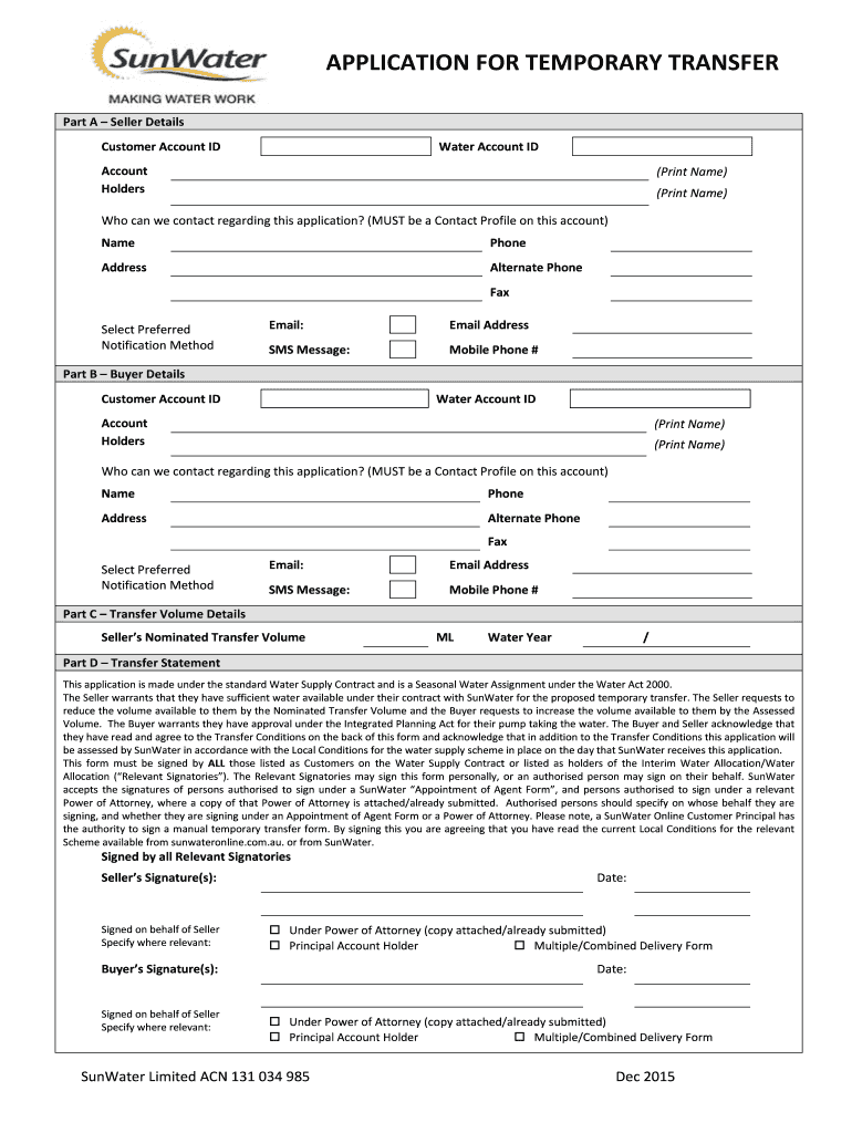 Get and Sign Sunwater Transfer Form 2015-2022