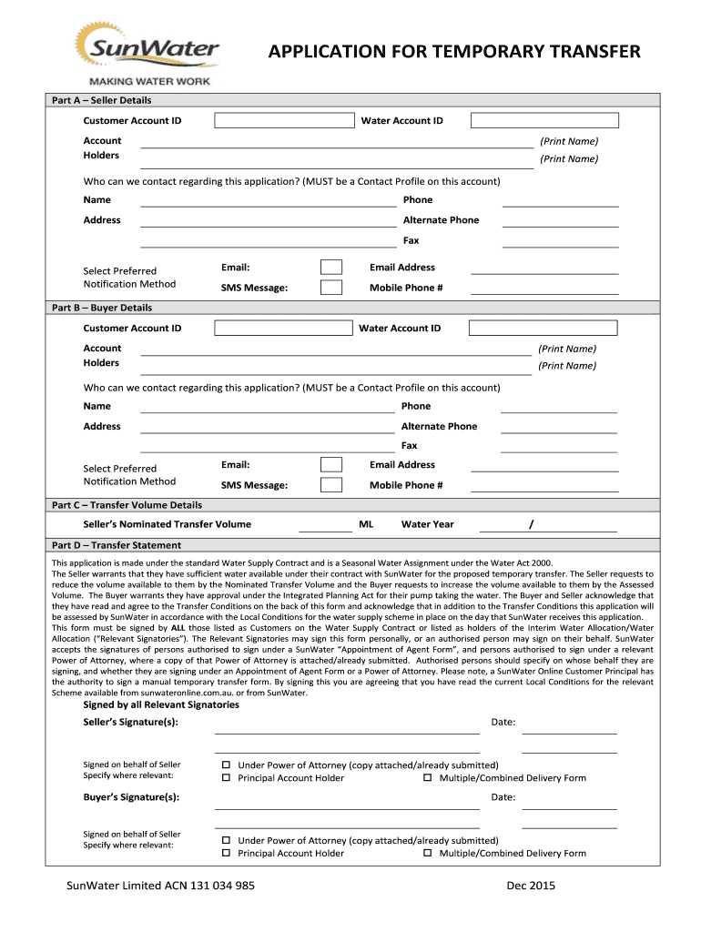  Sunwater Transfer Form 2015-2024