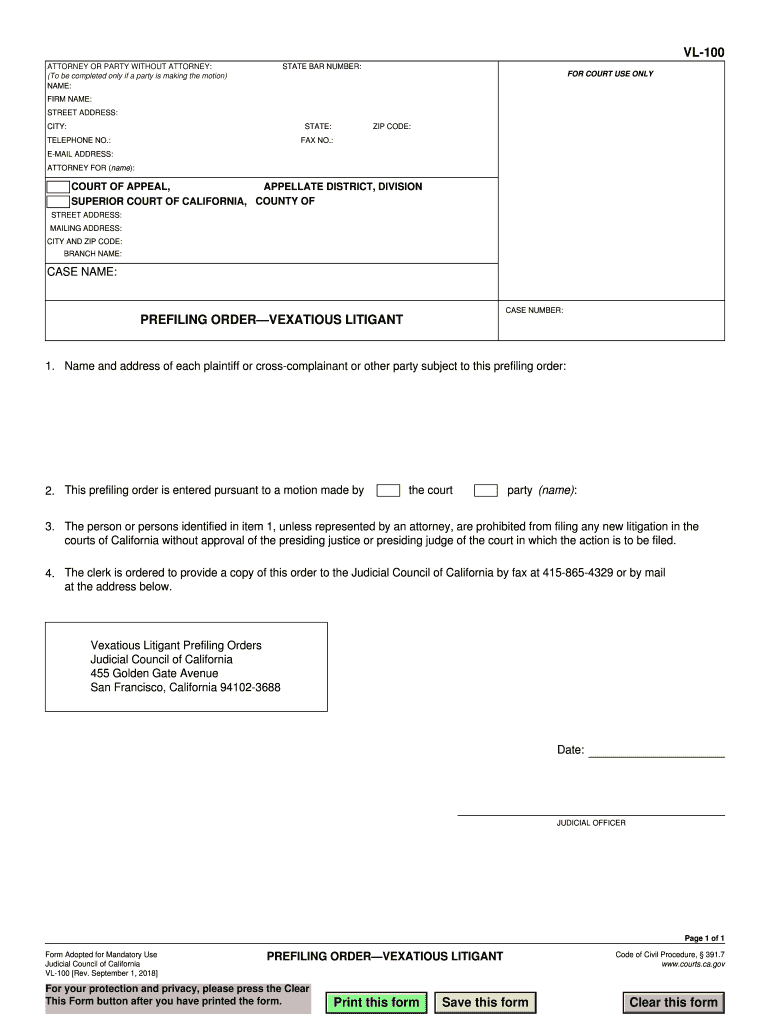 Prefiling Order Vexatious Litigant  Form