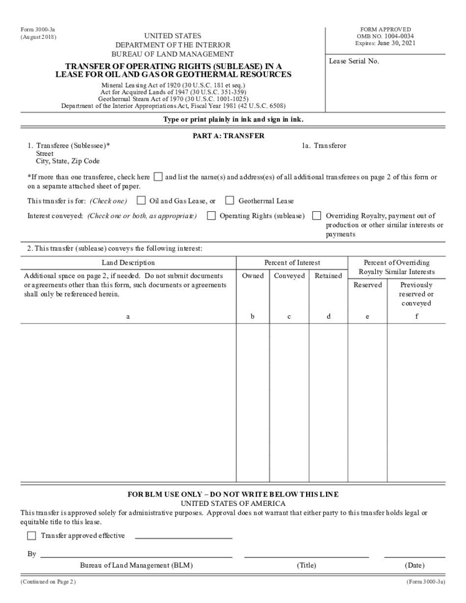 Transfer of Operating Rights Sublease in a Lease for Oil and Gas or  Form