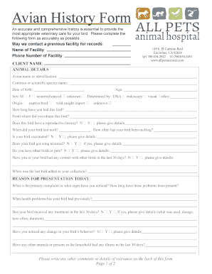 Avian History Form Pets Animal Hospital