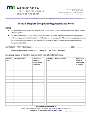  Mutual Support Group Meeting Attendance Form 2018