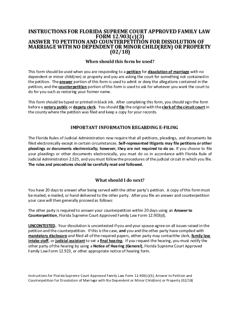  Florida Supreme Court Approved Family Law Form 12 903c3 Answer to Petition and Counterpetition for Dissolution of Marriage with  2018-2024