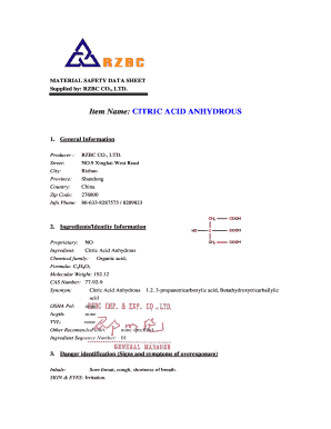 Rzbc Citric Acid Anhydrous Sds  Form