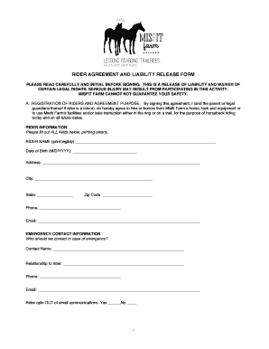 RIDER AGREEMENT and LIABILITY RELEASE FORM