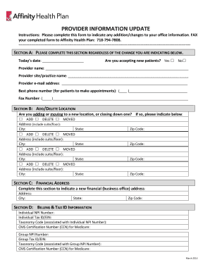 Provider Information Update Form Affinity Health Plan