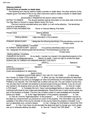 Utah Transfer on Death Deed Form