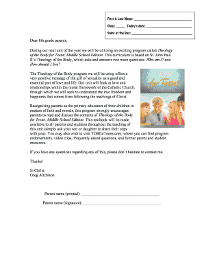 Theology of the Body Parent Letter Catholic Religion Teacher  Form