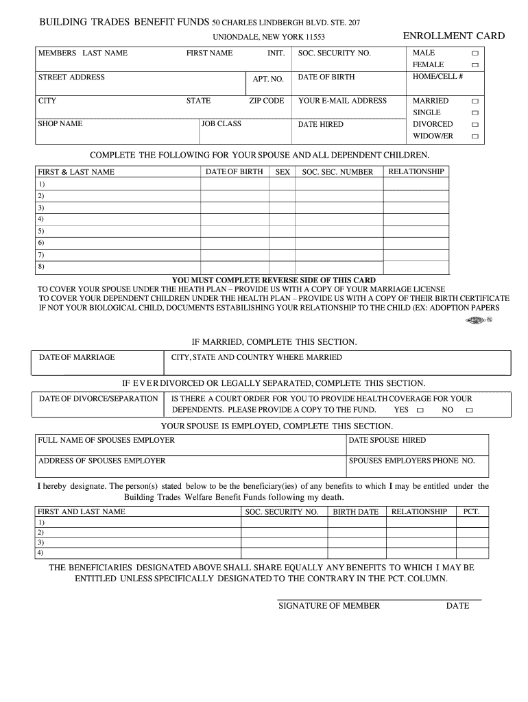 Enrollment Card Building Trades Welfare Fund  Form