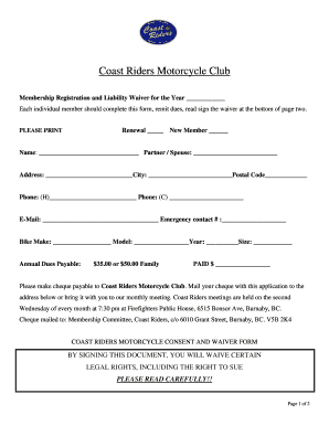 Motorcycle Club Registration Form