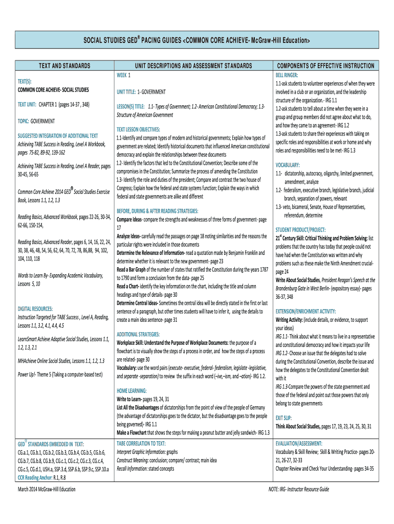 Social Studies GED PACING GUIDE WEEK 1  Form