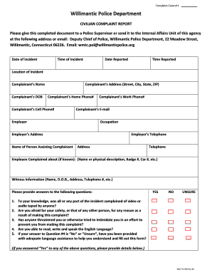 Civilian Complaint Form Willimantic Police Department