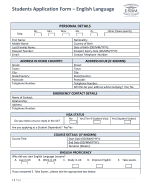 Students Application Form English Language East Midlands