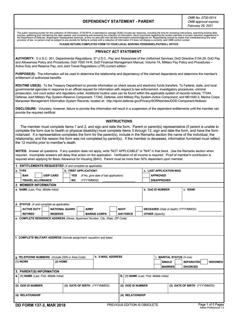  Dd Form 137 3 2018-2024