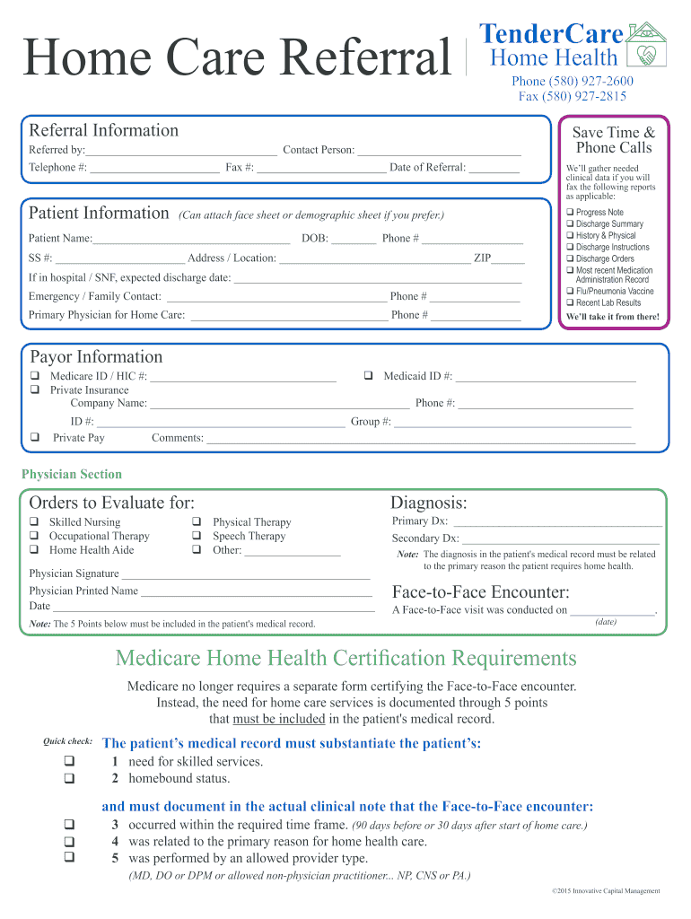 Home Care Referral TenderCare Home Health  Form