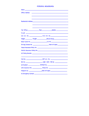 Personal Memoranda  Form