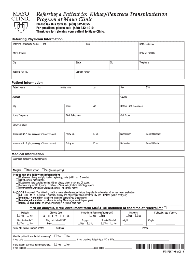 Referring a Patient to KidneyPancreas Transplantation Program at Mayo Clinic MCS7657 03 Referring Patient KidneyPancreas Transpl  Form