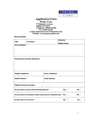 Application Form Prime Care