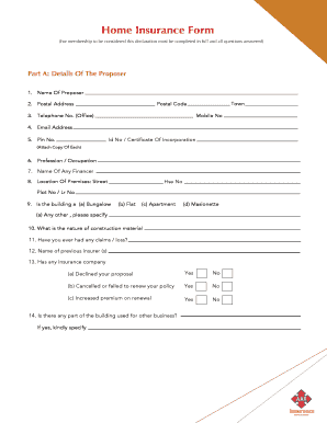 Home Insurance Form AAR Insurance