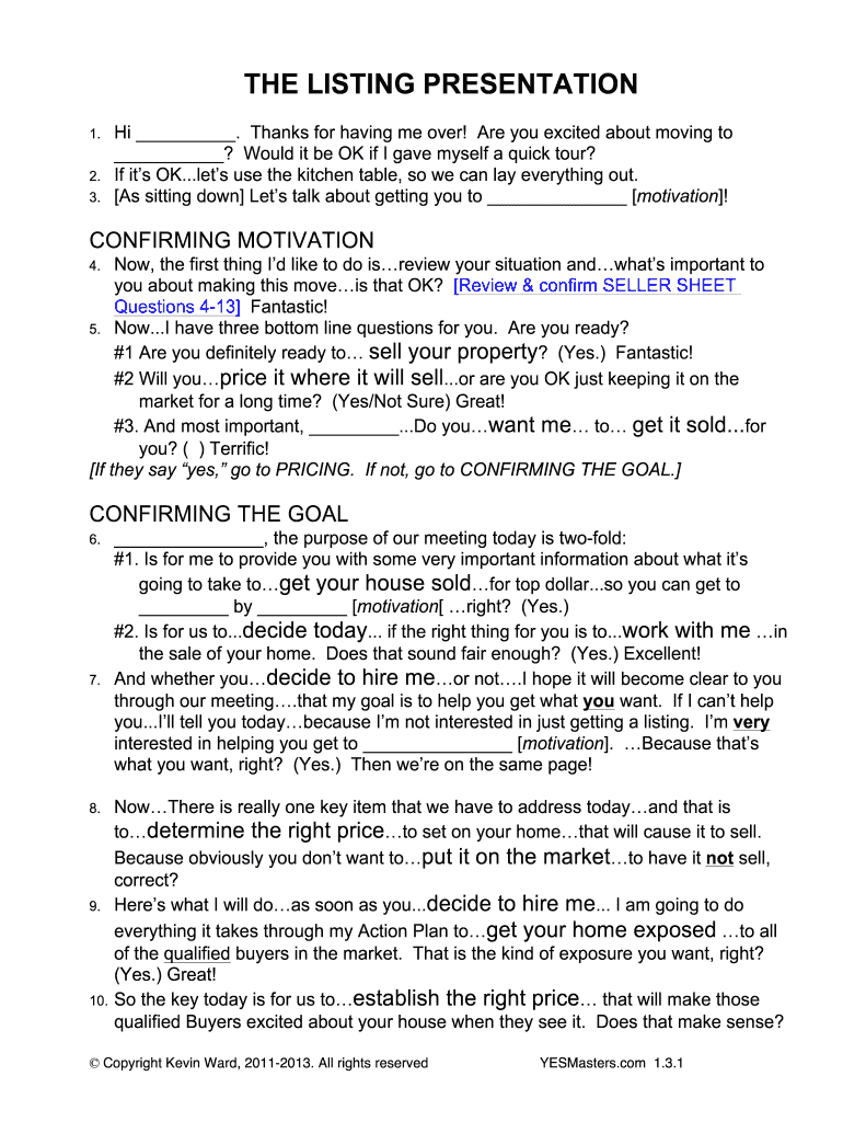 YesMasters Listing Presentation Script DOC  Form