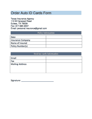 Fillable Auto Insurance ID Card Texas  Form