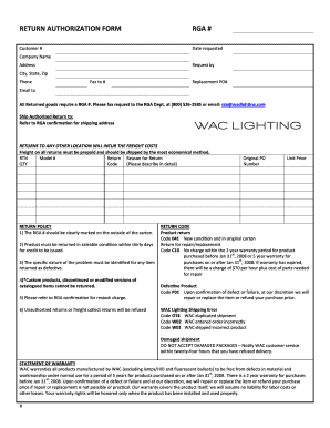 Return Authorization Form Rga WAC Lighting Report System