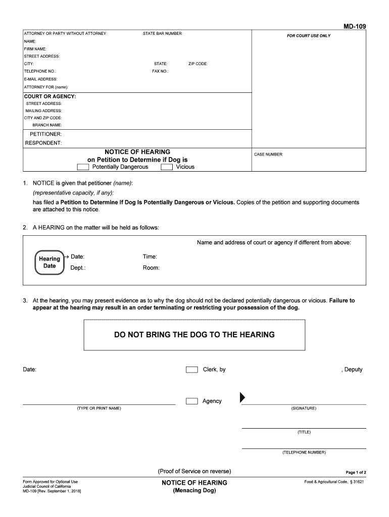 MD 109 Notice of Hearing Menacing Dog Judicial Council Forms