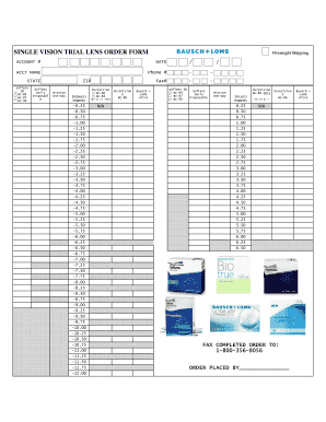 Single Vision Trial Lens Order Form Bausch Lomb