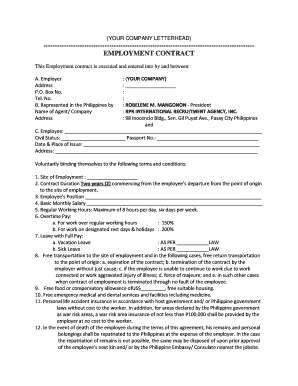 Employment Contract RPR International Recruitment Agency, Inc  Form