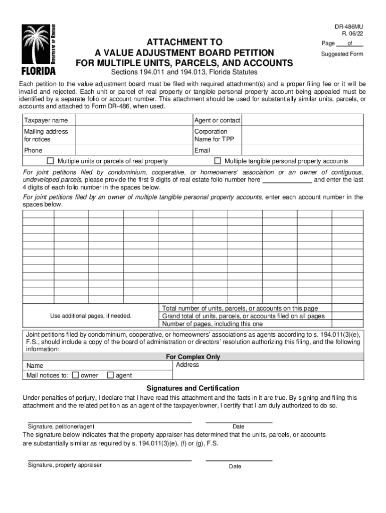 Value Adjustment Board Attachment to Single Joint Petition for Multiple Units Filing  Form