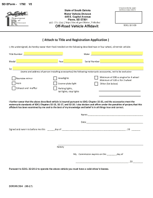 South Dakota off Road Vehicle Affidavit  Form
