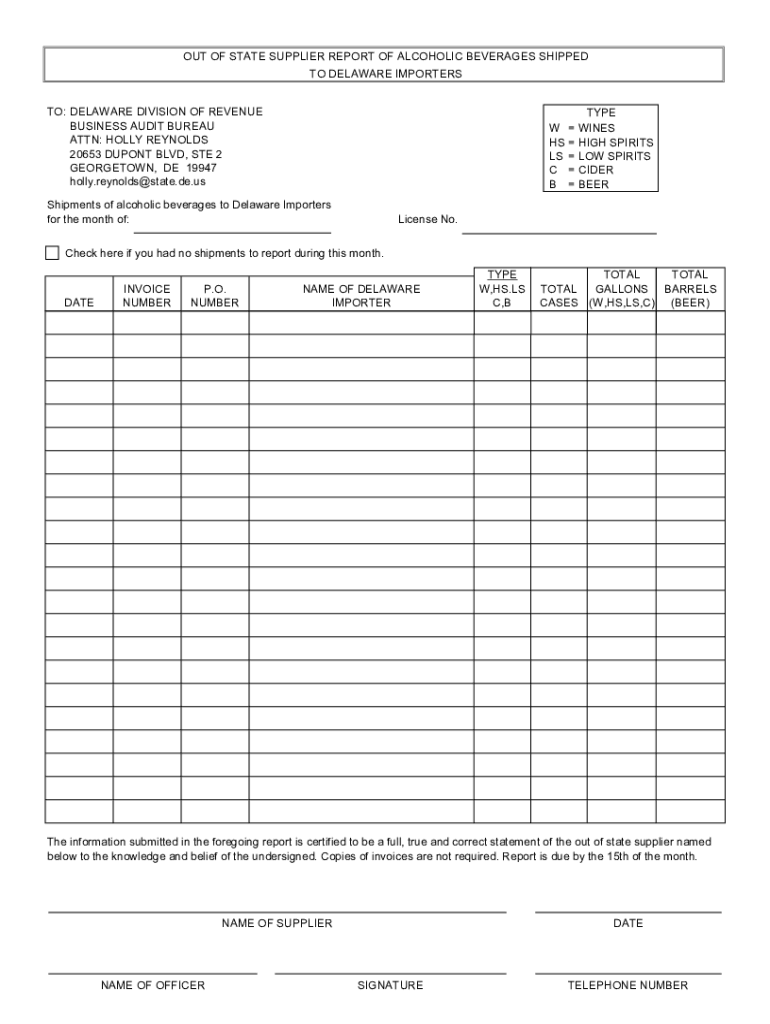 Out of State Supplier Report of Alcoholic Beverages Delaware Gov  Form