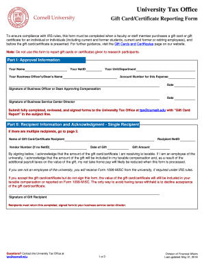 Gift CardCertificate Reporting Form DFA Cornell