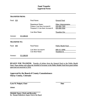 Fund Transfer Approval Form Approved by the Board of County