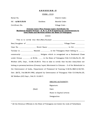 Non Creamy Layer Certificate Telangana PDF  Form