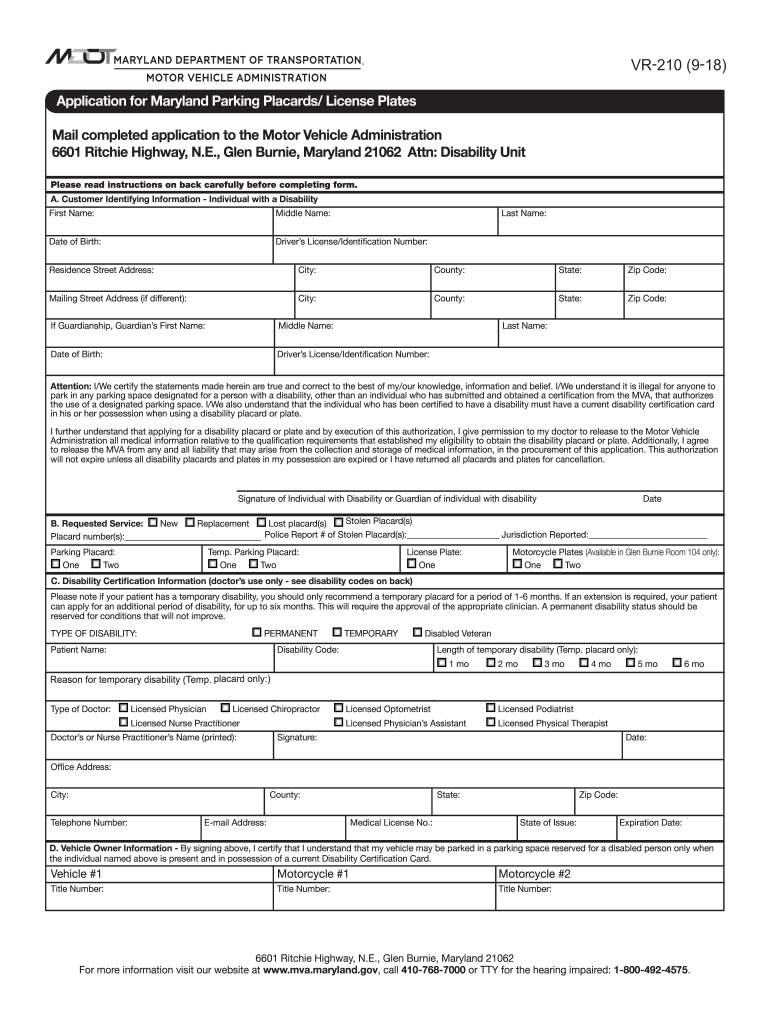 Get and Sign Maryland Handicapped Parking Application 2018-2022 Form