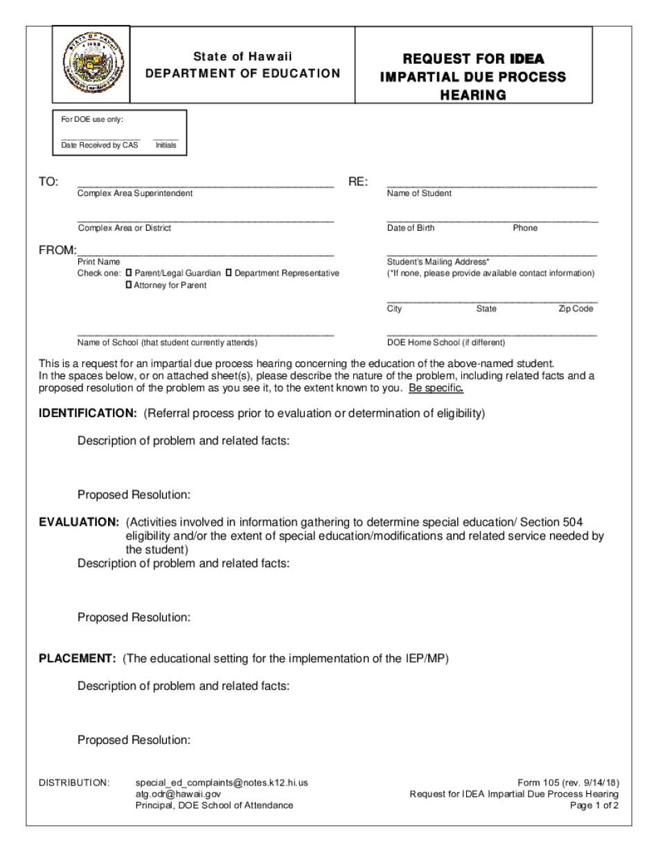  Request for Due Process Hearing Form 2018-2024