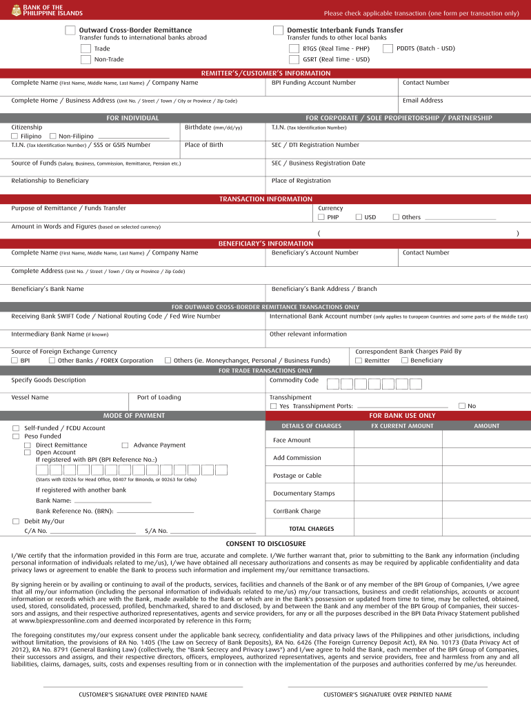 Bpi Remittance Form