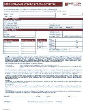 NORTHERN ACADEMY DEBIT ORDER INSTRUCTION  Form