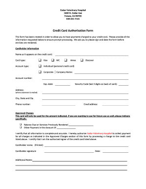 Credit Card Authorization Form Cedar Veterinary Hospital