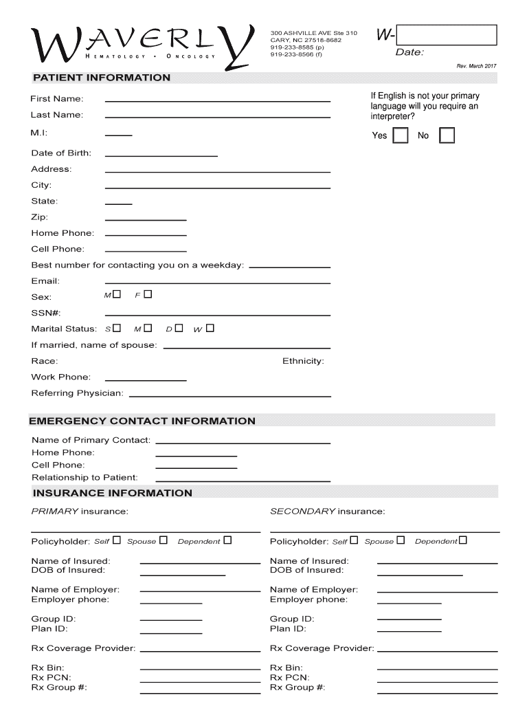  New Patient Documentation PDF Waverly Hematology Oncology 2017