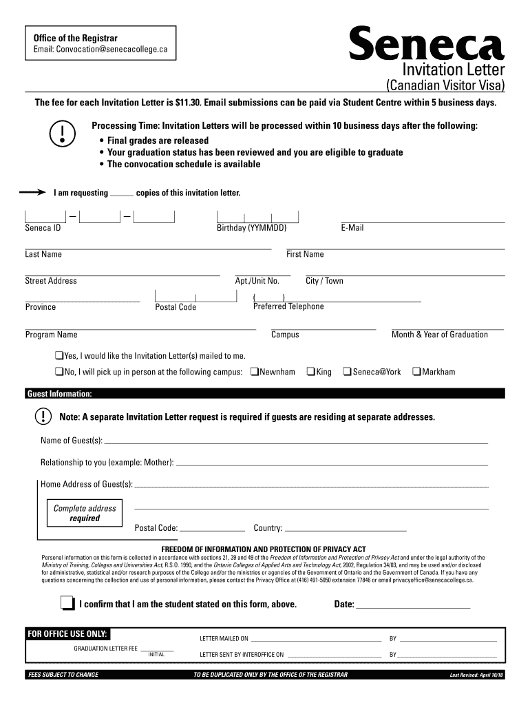 Invitation Letter Seneca College  Form